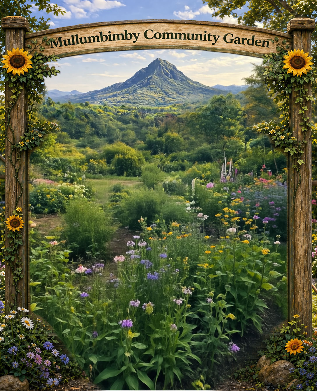 Wooden garden gate framed with sunflowers, looking through to flower beds and Mount Chincogan