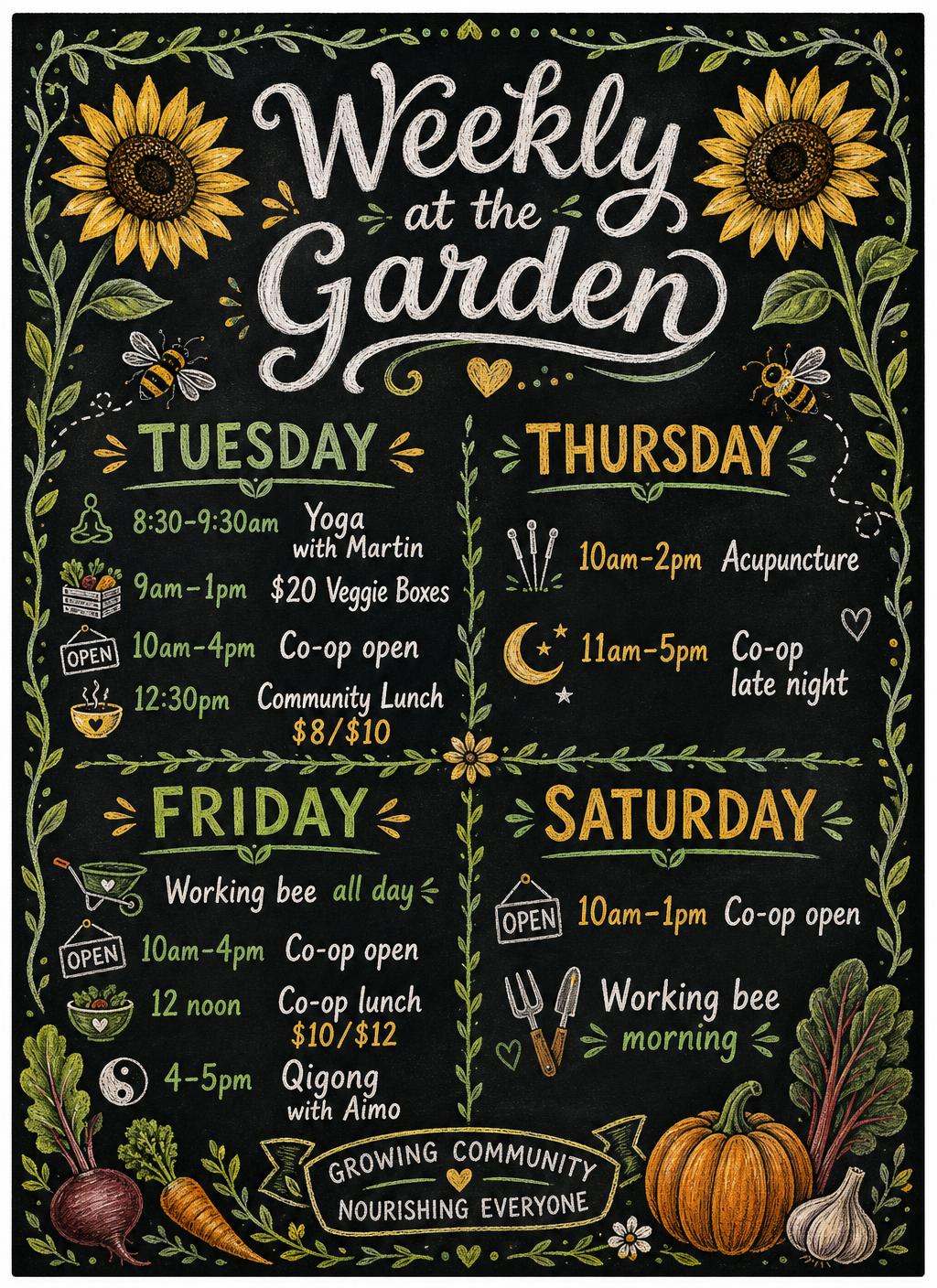 Chalkboard poster listing the weekly timetable at Mullumbimby Community Garden